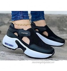 Women‘s Fashion Air Cushion Sole Flying Woven Velcro Sneakers Non Slip Breathable Mesh Lightweight (Black 7.5)
