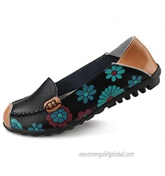 Ablanczoom Womens Comfortable Leather Floral Print Flats Casual Driving Loafers Walking Shoes for Women