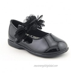 Baby Deer Walking Black Patent Skimmer Shoe with Pinched Chiffon Flowers