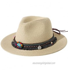 Lanzom Women Retro Style Wide Brim Straw Packable Roll up Hat Fedora Beach Sun Hat